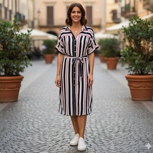 {En Creme} Belted Striped Dress - Size 18